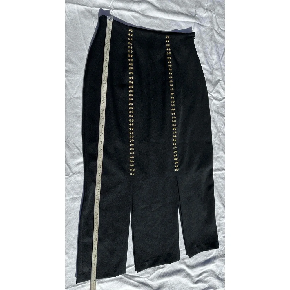 Erez Collections Midi Bedazzled Skirt 100% Wool Gold Studs Slits Black Women's S